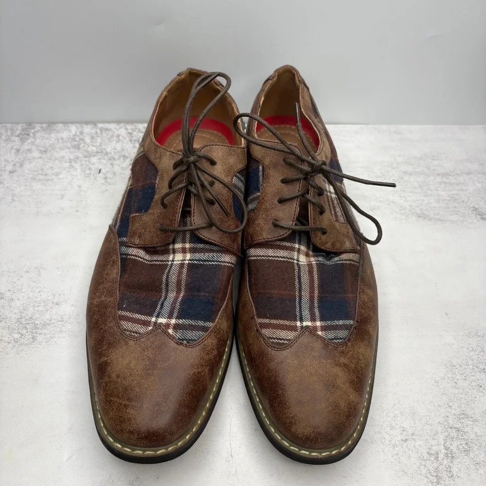 Parrazo Titan 03 Oxfords Dress Shoes 11 Brown Faux Leather Plaid Wingtip Lace Up